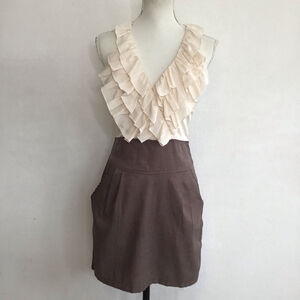 Tini Lili Women Elegant Brown & Beige Ruffled Mini Dress - Size M
